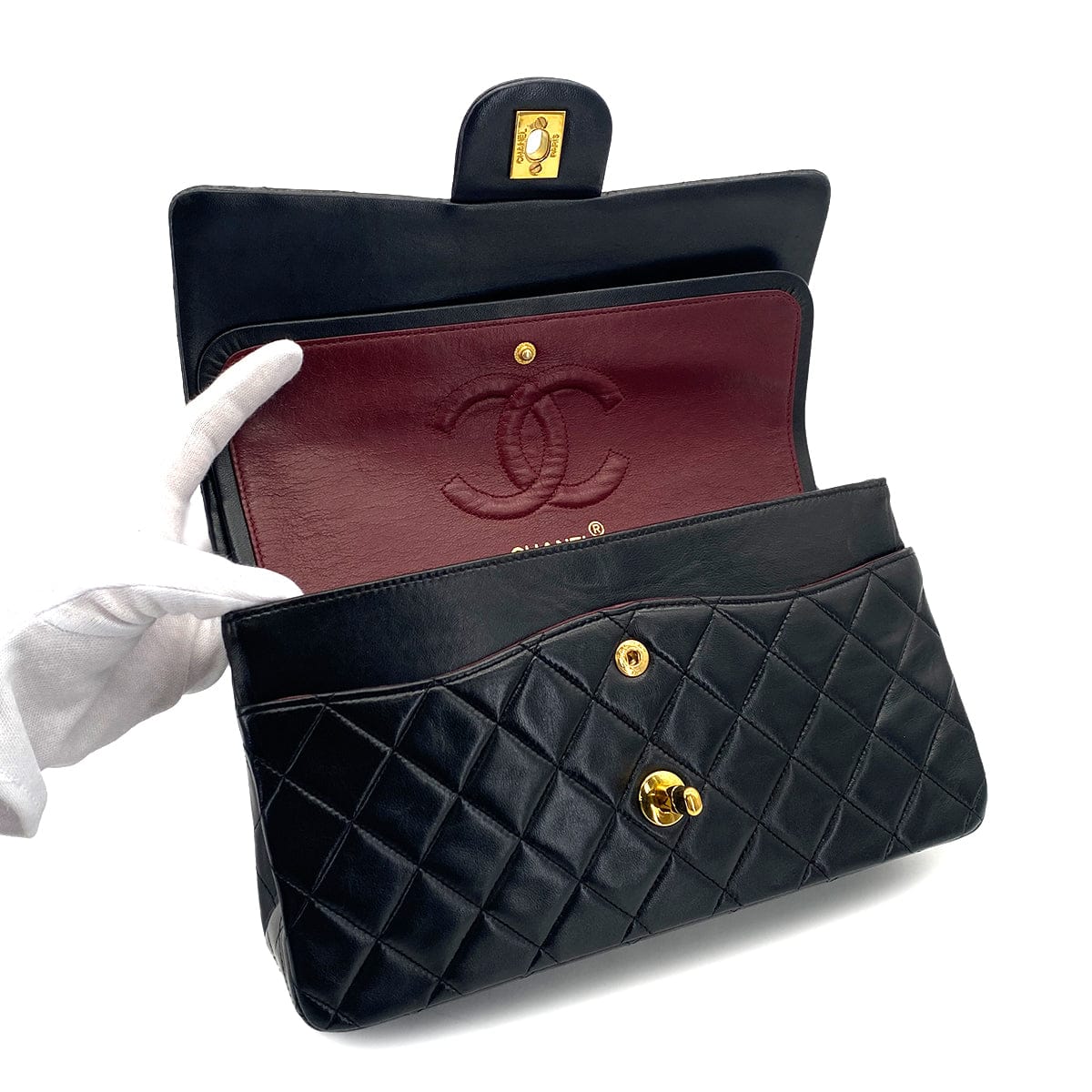 VINTAGE CHANEL CLASSIC FLAP MEDIUM CHAIN SHOULDER BAG BLACK LAMB SKIN GOLD HARDWARE 90319982