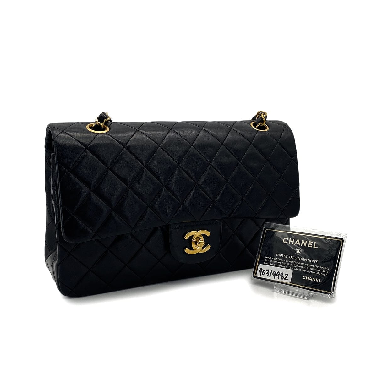 VINTAGE CHANEL CLASSIC FLAP MEDIUM CHAIN SHOULDER BAG BLACK LAMB SKIN GOLD HARDWARE 90319982