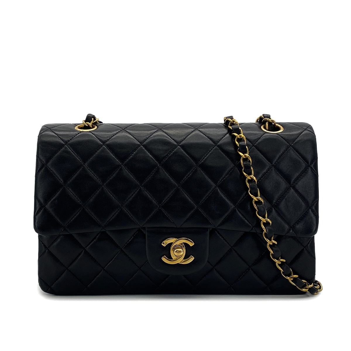VINTAGE CHANEL CLASSIC FLAP MEDIUM CHAIN SHOULDER BAG BLACK LAMB SKIN GOLD HARDWARE 90319982