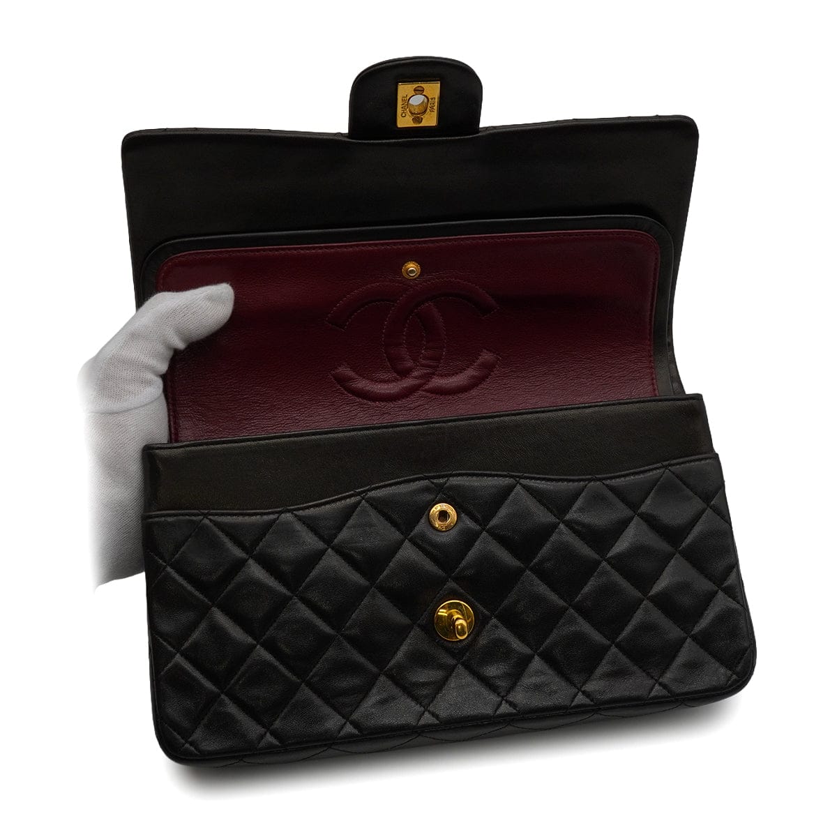 Luxury Promise Japan VINTAGE CHANEL CLASSIC FLAP MEDIUM CHAIN SHOULDER BAG BLACK LAMB SKIN GOLD HARDWARE 90343625