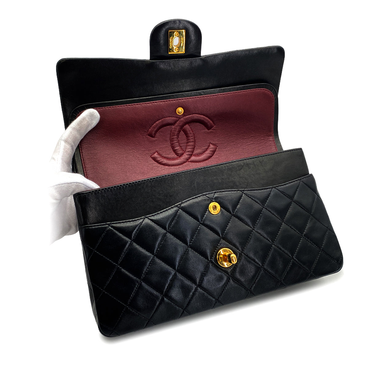 VINTAGE CHANEL CLASSIC FLAP MEDIUM CHAIN SHOULDER BAG BLACK LAMB SKIN GOLD HARDWARE 90326659