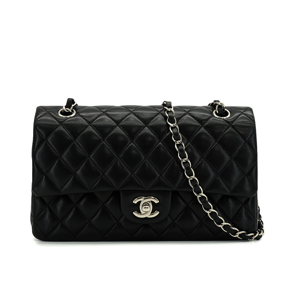 VINTAGE CHANEL CLASSIC FLAP MEDIUM CHAIN SHOULDER BAG BLACK LAMB SKIN SILVER HARDWARE 90344389