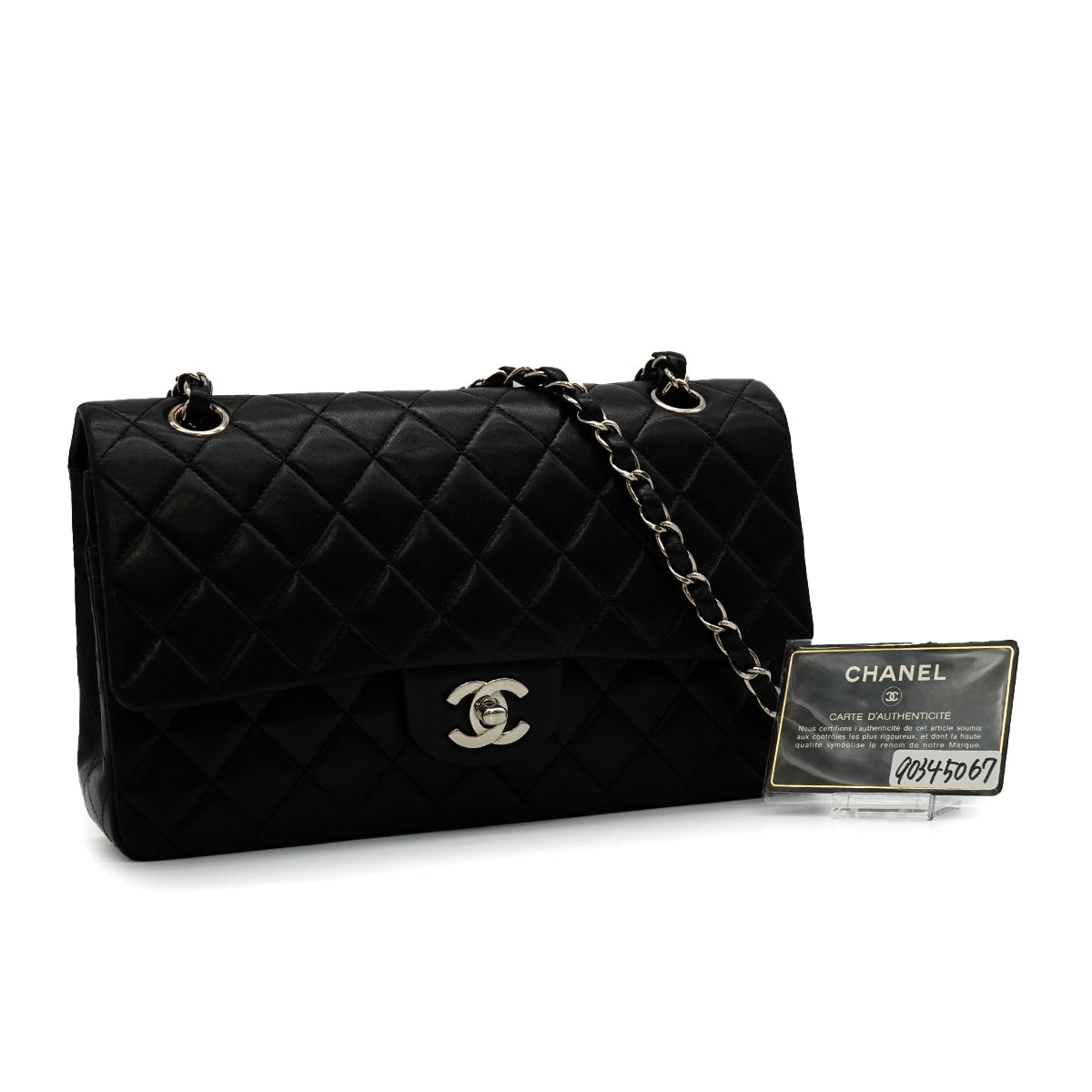 VINTAGE CHANEL CLASSIC FLAP MEDIUM CHAIN SHOULDER BAG BLACK LAMB SKIN SILVER HARDWARE 90345067