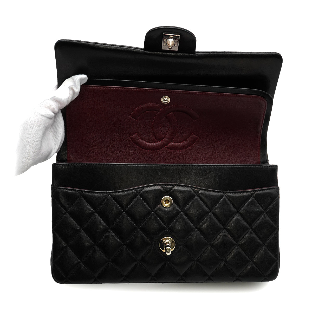VINTAGE CHANEL CLASSIC FLAP MEDIUM CHAIN SHOULDER BAG BLACK LAMB SKIN SILVER HARDWARE 90345067