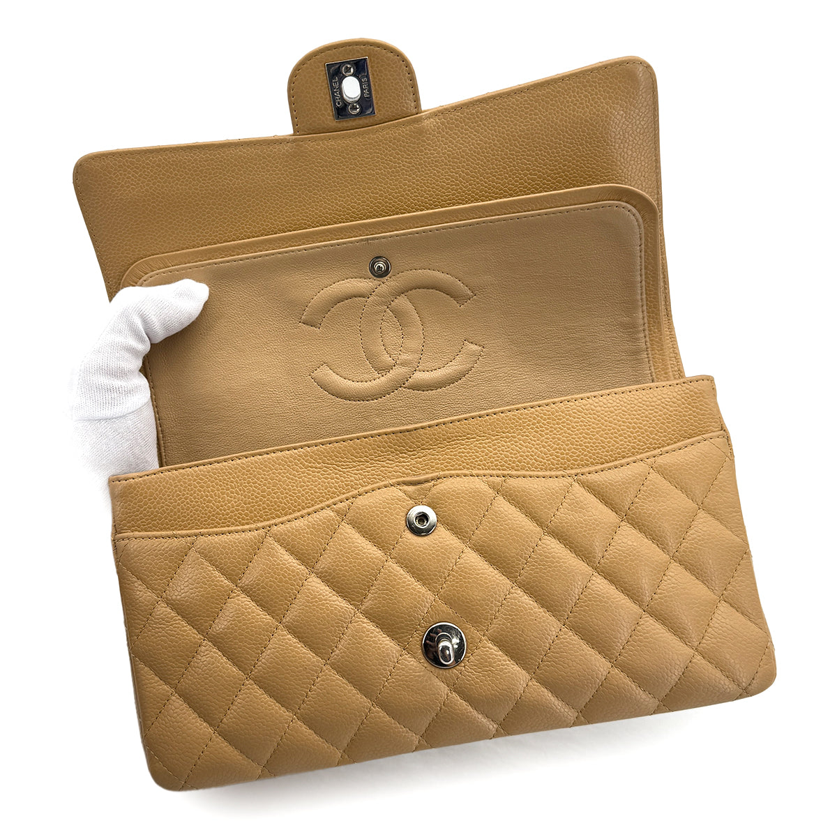 VINTAGE CHANEL CLASSIC FLAP MEDIUM CHAIN SHOULDER BAG CAMEL CAVIAR SKIN SILVER HARDWARE 90322909