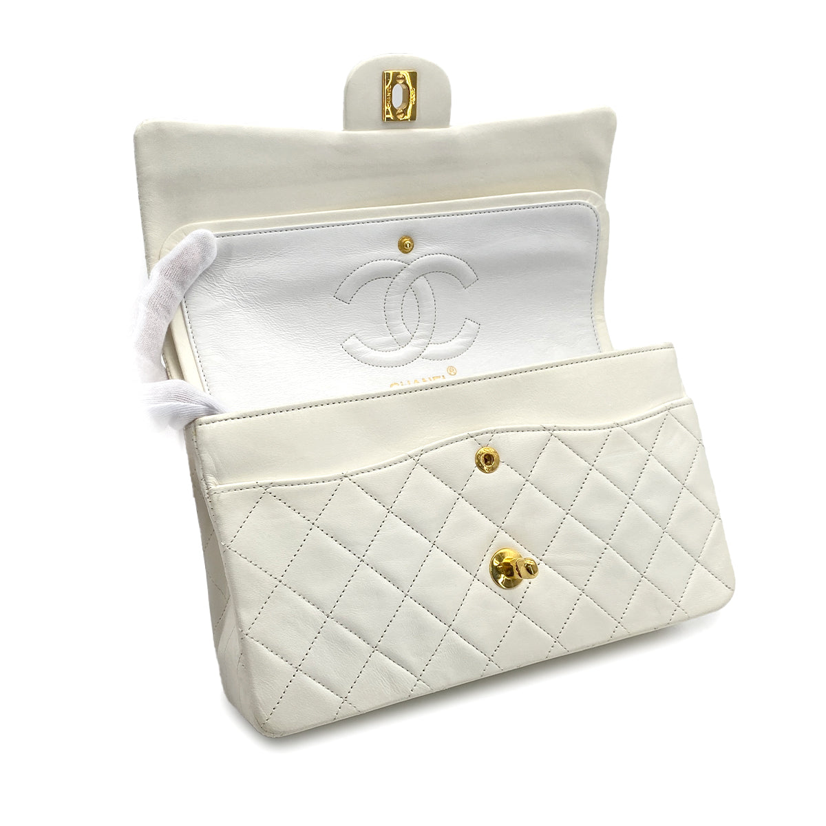 VINTAGE CHANEL CLASSIC FLAP MEDIUM CHAIN SHOULDER BAG WHITE LAMB SKIN GOLD HARDWARE 90309164
