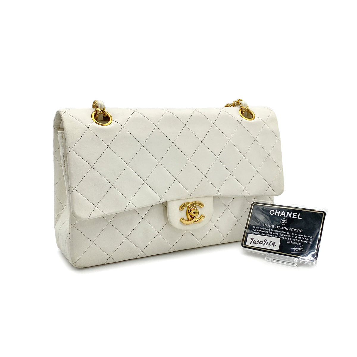 VINTAGE CHANEL CLASSIC FLAP MEDIUM CHAIN SHOULDER BAG WHITE LAMB SKIN GOLD HARDWARE 90309164