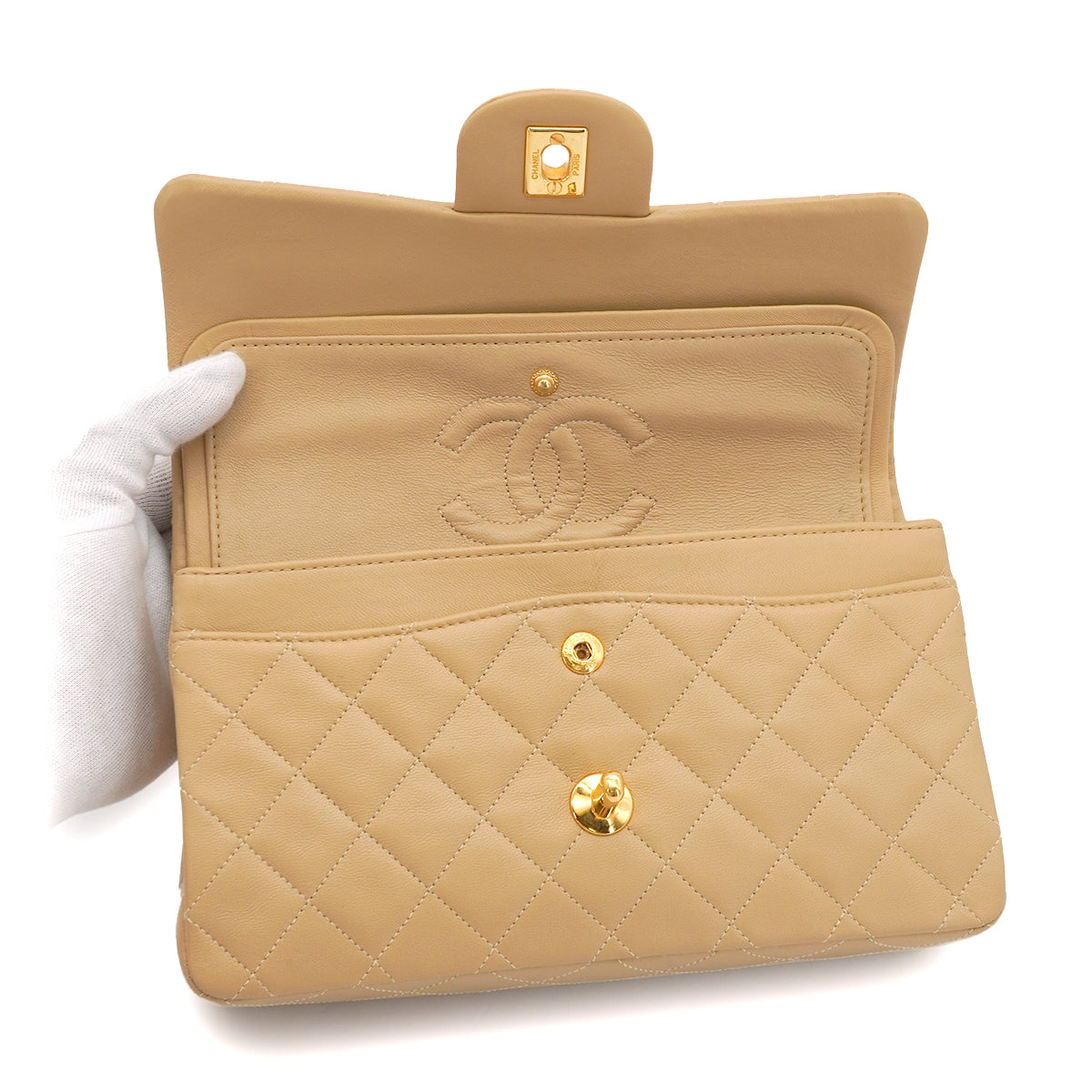 VINTAGE CHANEL CLASSIC FLAP SMALL CHAIN SHOULDER BAG BEIGE LAMB SKIN GOLD HARDWARE 90344363