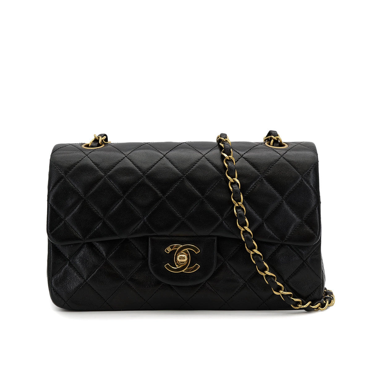 VINTAGE CHANEL CLASSIC FLAP SMALL CHAIN SHOULDER BAG BLACK LAMB SKIN GOLD HARDWARE 90319585
