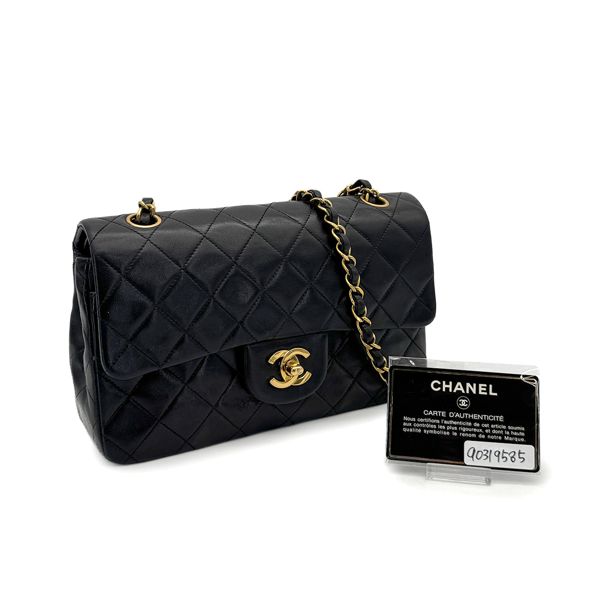 VINTAGE CHANEL CLASSIC FLAP SMALL CHAIN SHOULDER BAG BLACK LAMB SKIN GOLD HARDWARE 90319585