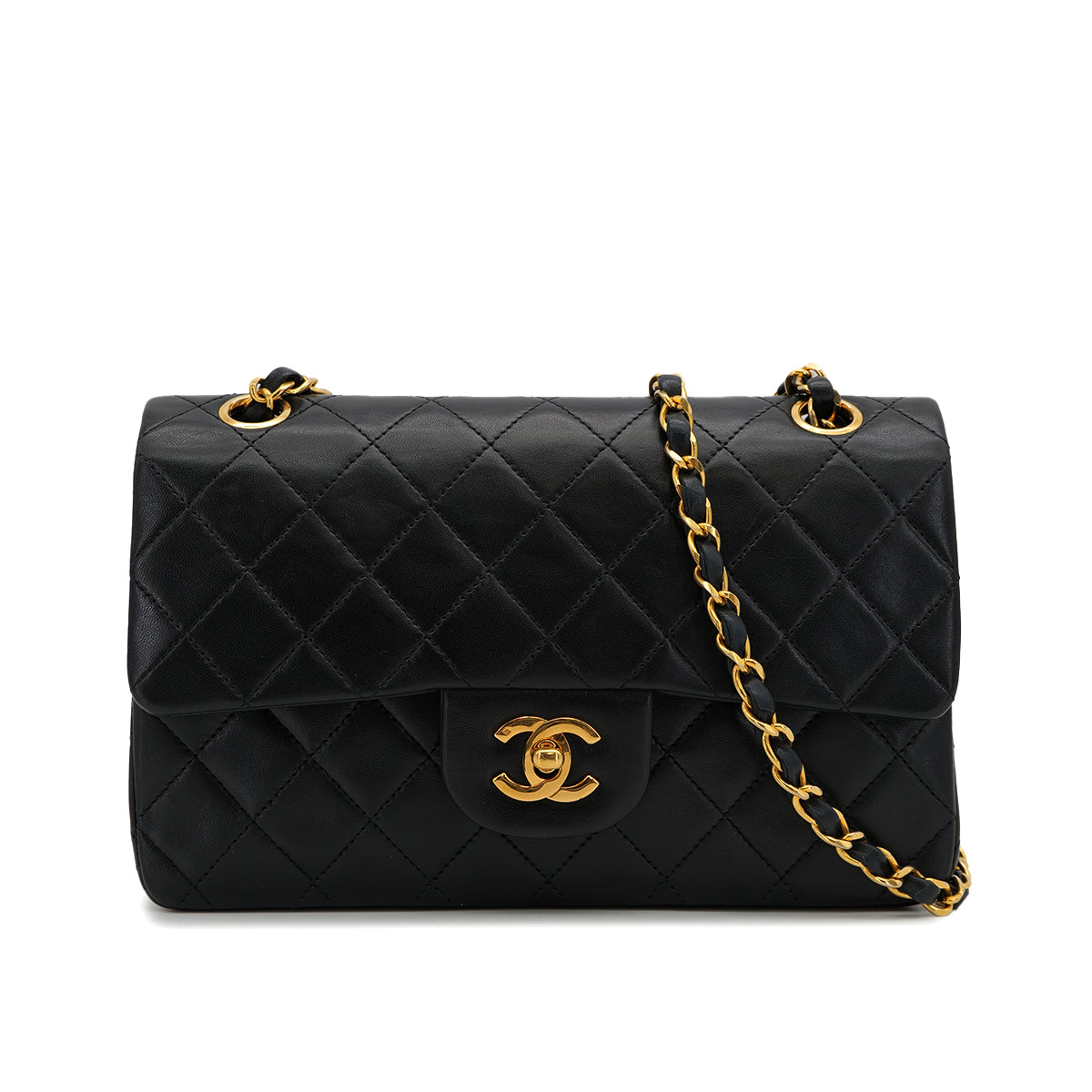 VINTAGE CHANEL CLASSIC FLAP SMALL CHAIN SHOULDER BAG BLACK LAMB SKIN GOLD HARDWARE 90324142