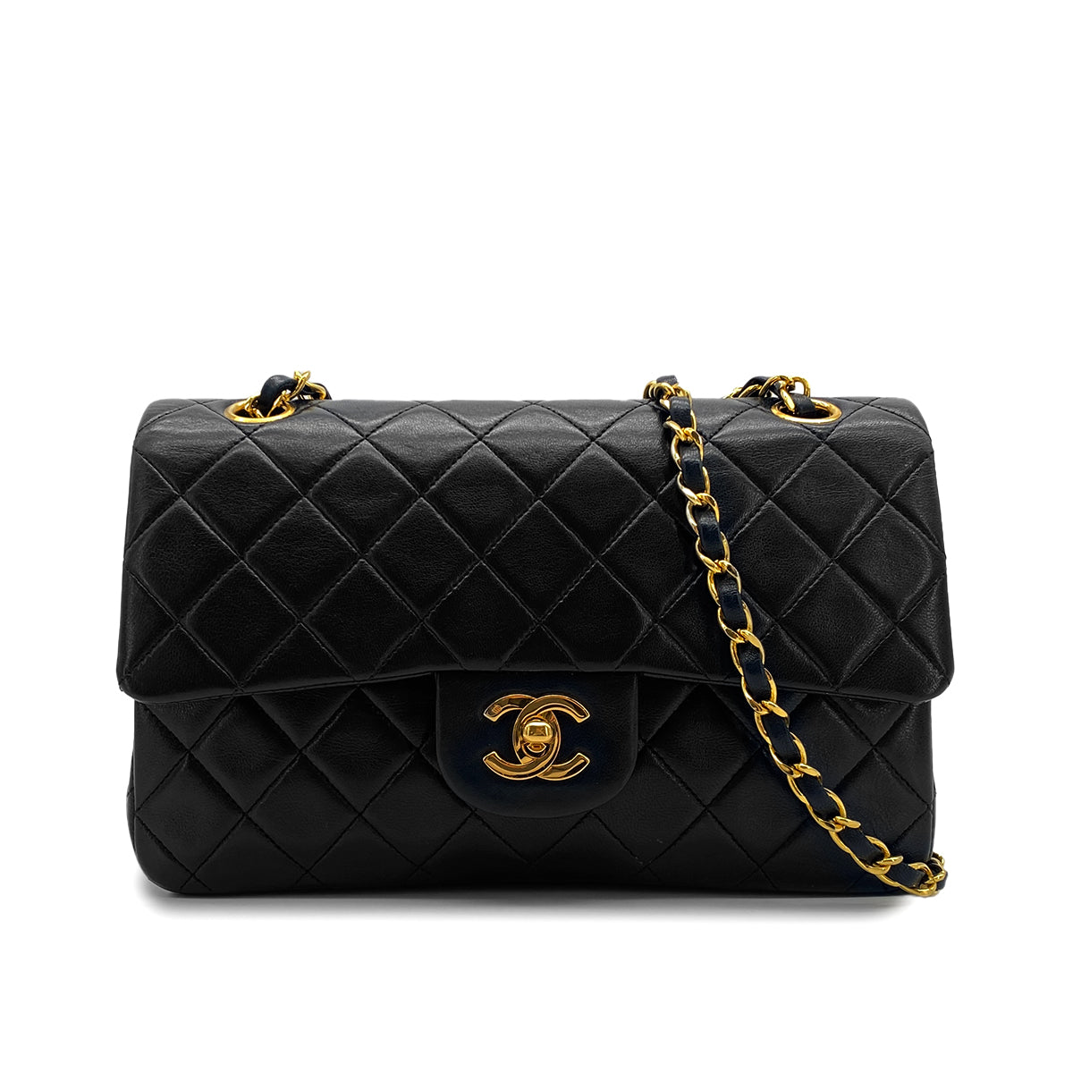 VINTAGE CHANEL CLASSIC FLAP SMALL CHAIN SHOULDER BAG BLACK LAMB SKIN GOLD HARDWARE 90324823