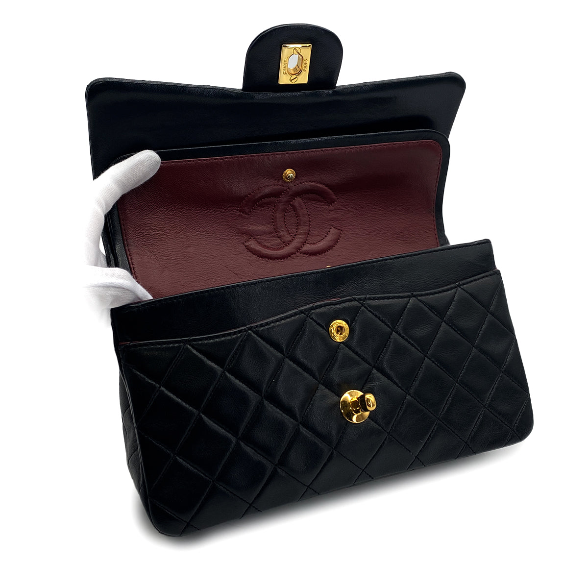 VINTAGE CHANEL CLASSIC FLAP SMALL CHAIN SHOULDER BAG BLACK LAMB SKIN GOLD HARDWARE 90324823
