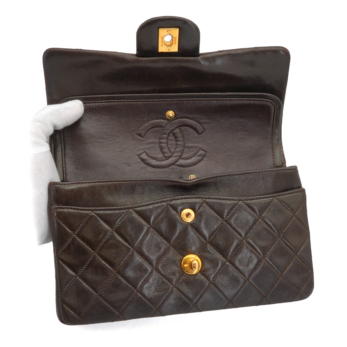 VINTAGE CHANEL CLASSIC FLAP SMALL CHAIN SHOULDER BAG BROWN LAMB SKIN GOLD HARDWARE 90338881
