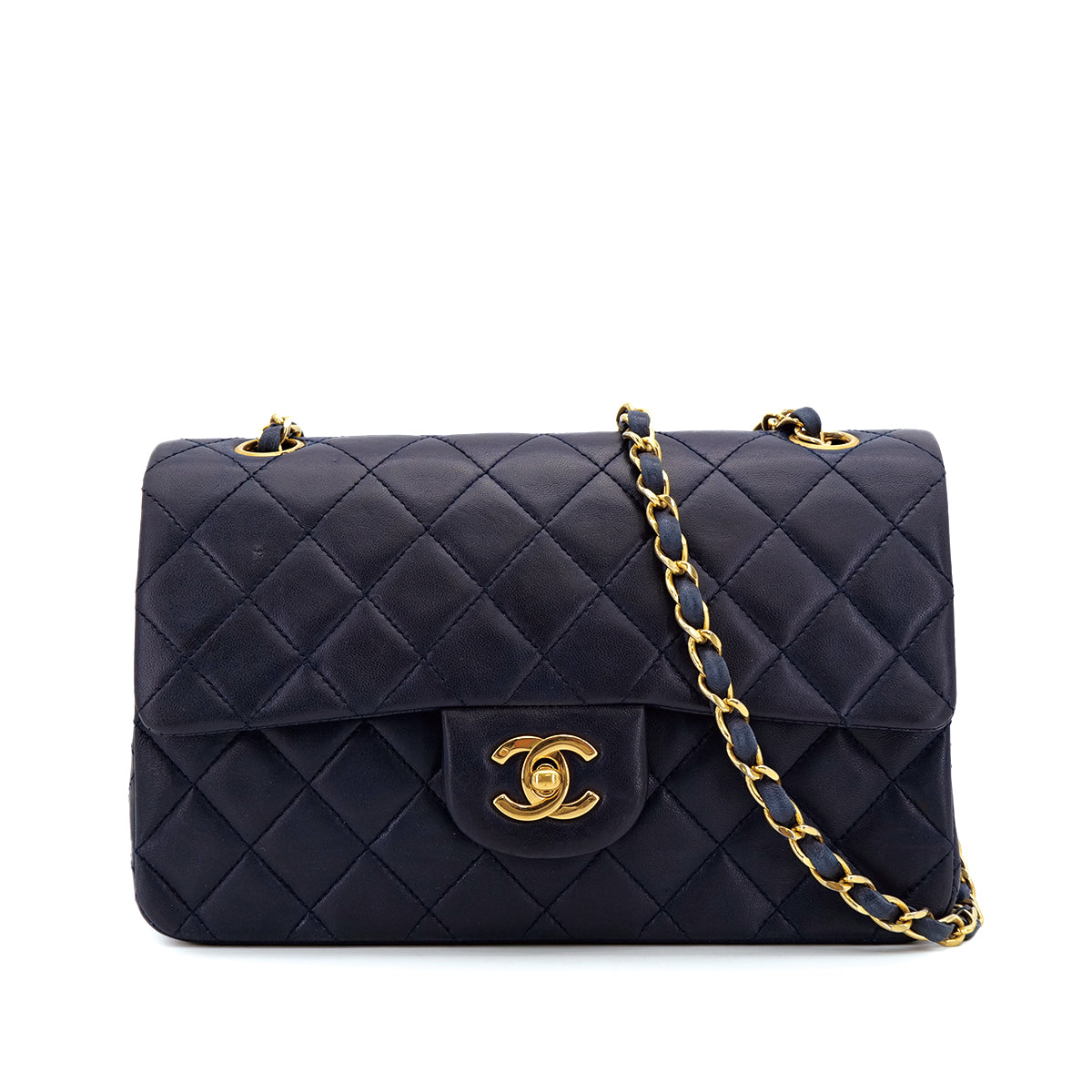 VINTAGE CHANEL CLASSIC FLAP SMALL CHAIN SHOULDER BAG NAVY LAMB SKIN GOLD HARDWARE 90311043