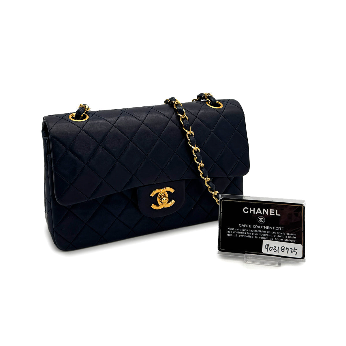 VINTAGE CHANEL CLASSIC FLAP SMALL CHAIN SHOULDER BAG NAVY LAMB SKIN GOLD HARDWARE 90318735