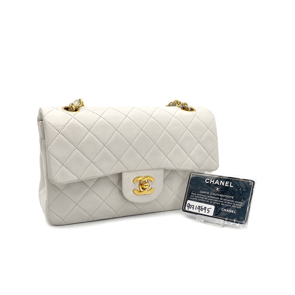 VINTAGE CHANEL CLASSIC FLAP SMALL CHAIN SHOULDER BAG WHITE LAMB SKIN GOLD HARDWARE 90319695