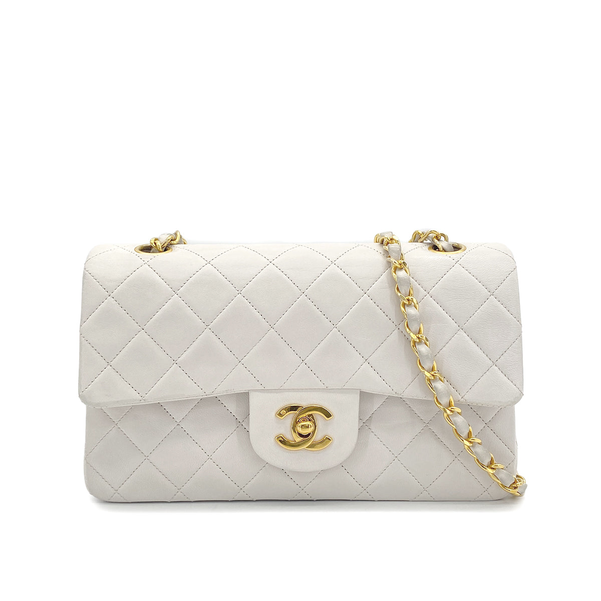 VINTAGE CHANEL CLASSIC FLAP SMALL CHAIN SHOULDER BAG WHITE LAMB SKIN GOLD HARDWARE 90319695