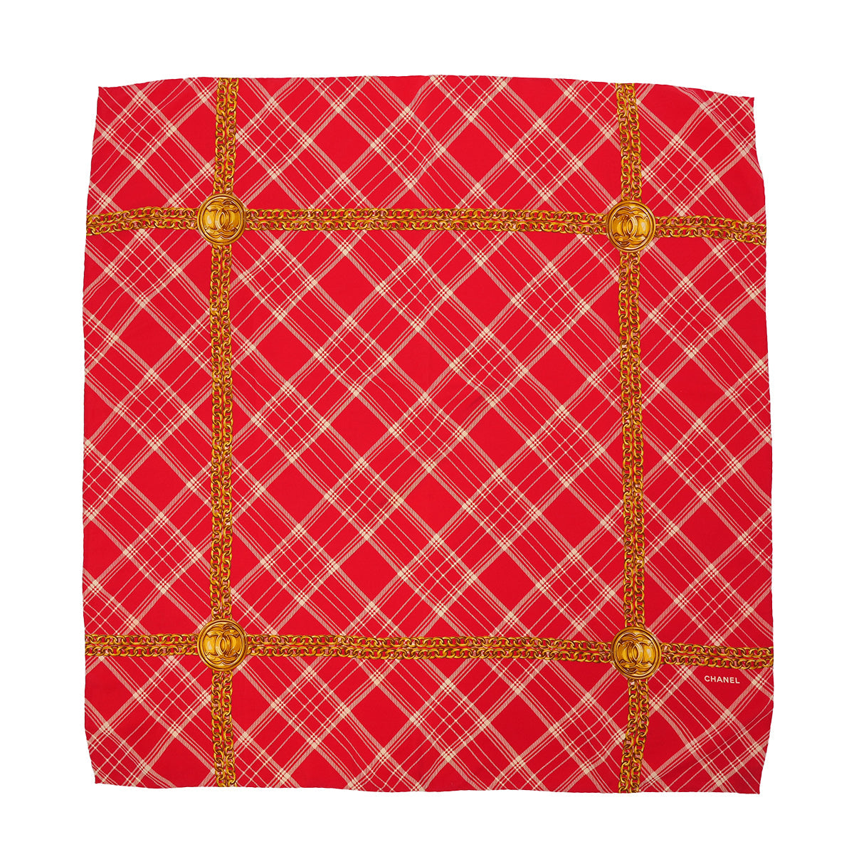 VINTAGE CHANEL COCOMARK CHAIN CHECK PATTERN SCARF RED SILK 90322220