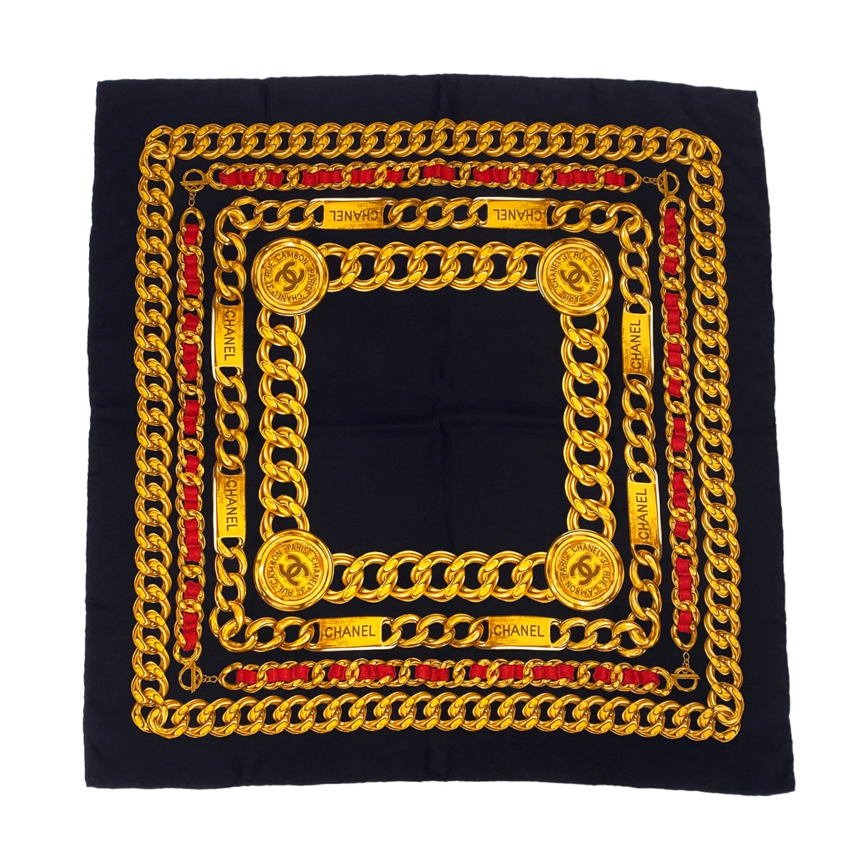 VINTAGE CHANEL COCOMARK CHAIN PATTERN SCARF BLACK SILK 90322544