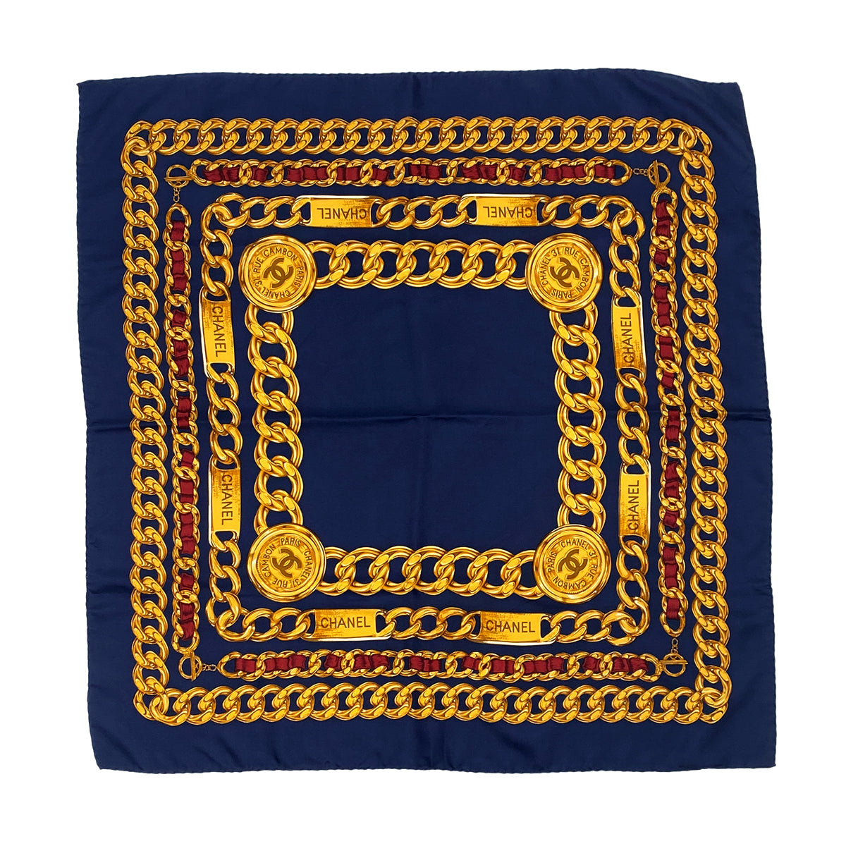 VINTAGE CHANEL COCOMARK CHAIN PATTERN SCARF NAVY SILK 90322542