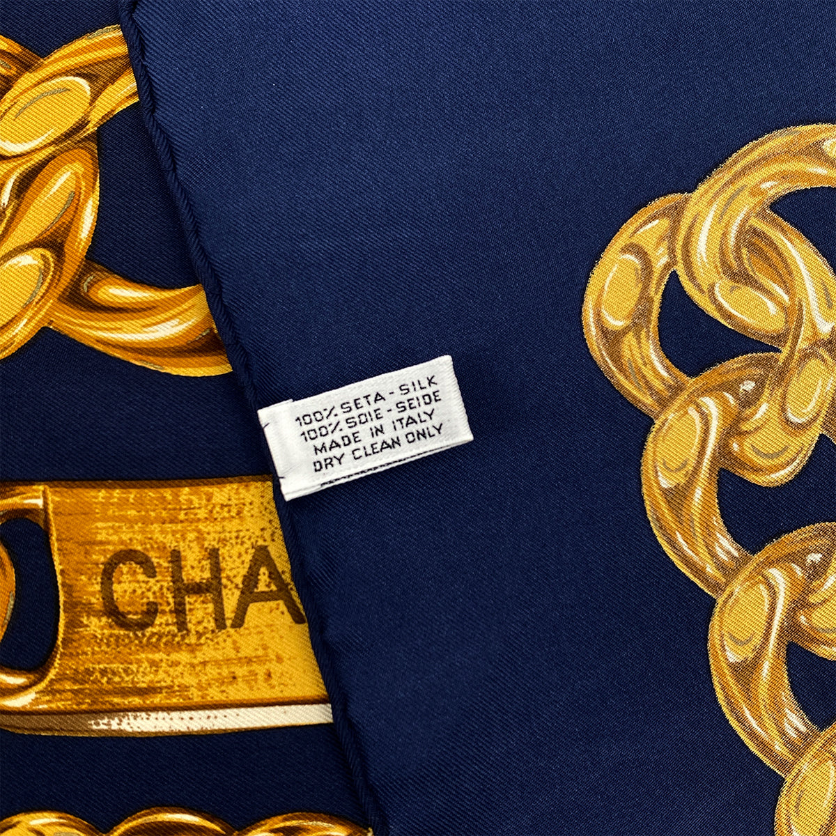 VINTAGE CHANEL COCOMARK CHAIN PATTERN SCARF NAVY SILK 90322542