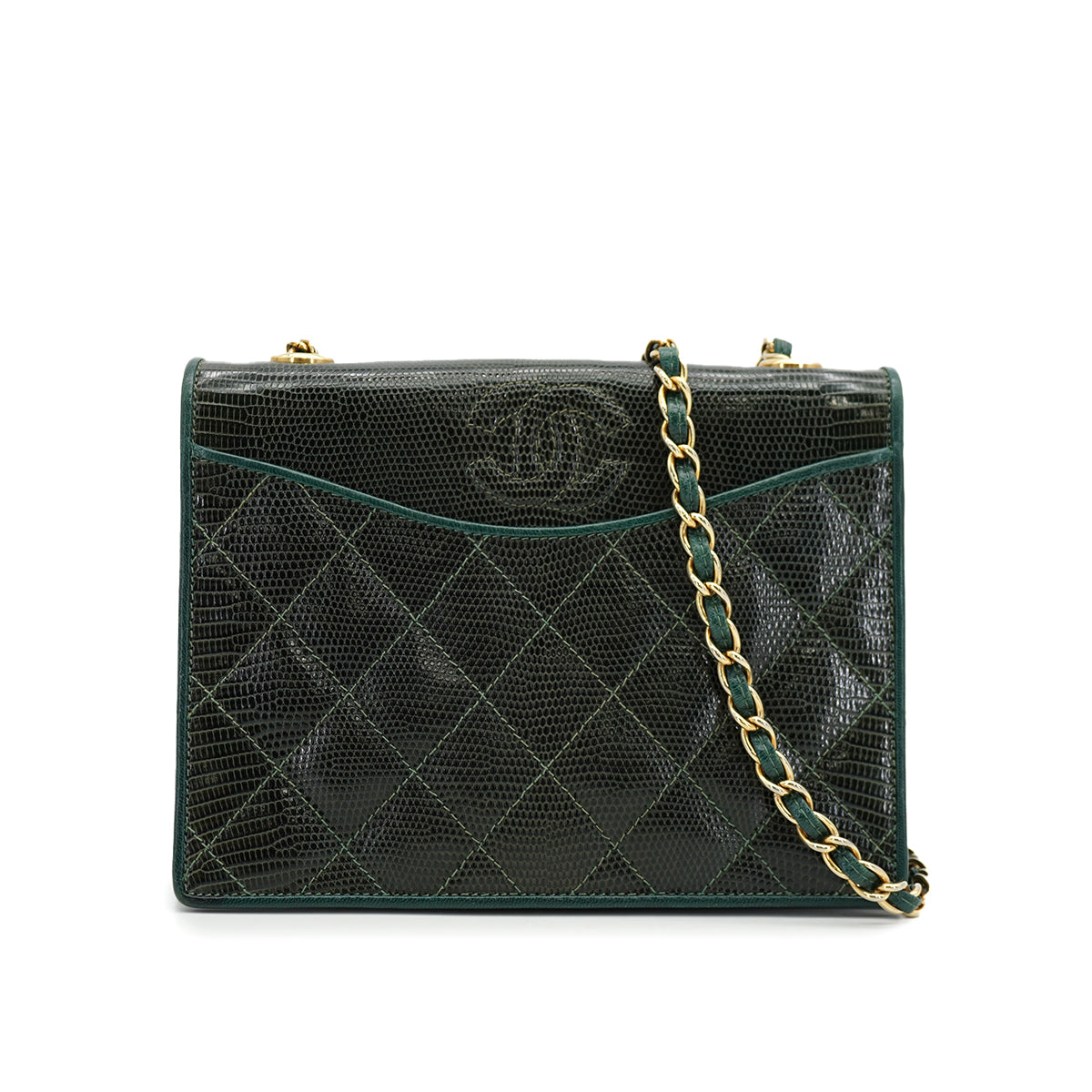 VINTAGE CHANEL COCOMARK CHAIN SHOULDER BAG GREEN LIZARD GOLD HARDWARE 90334868