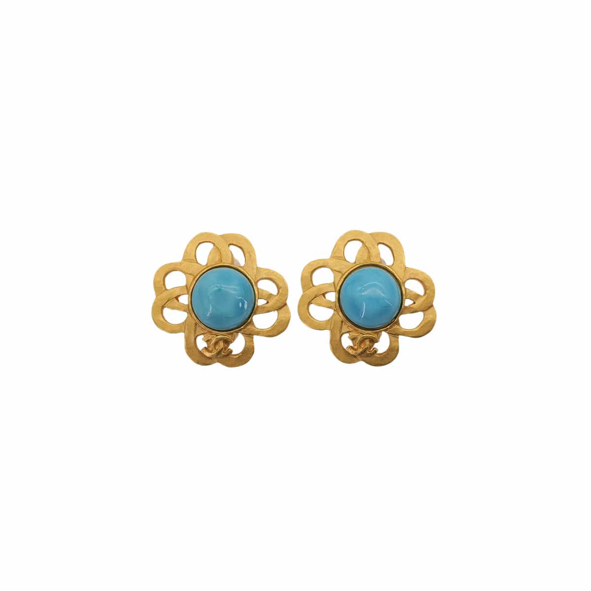 VINTAGE CHANEL COCOMARK CLOVER MOTIF EARRINGS TURQUOISE BLUE GOLD ACCESSORY 95P 90323475