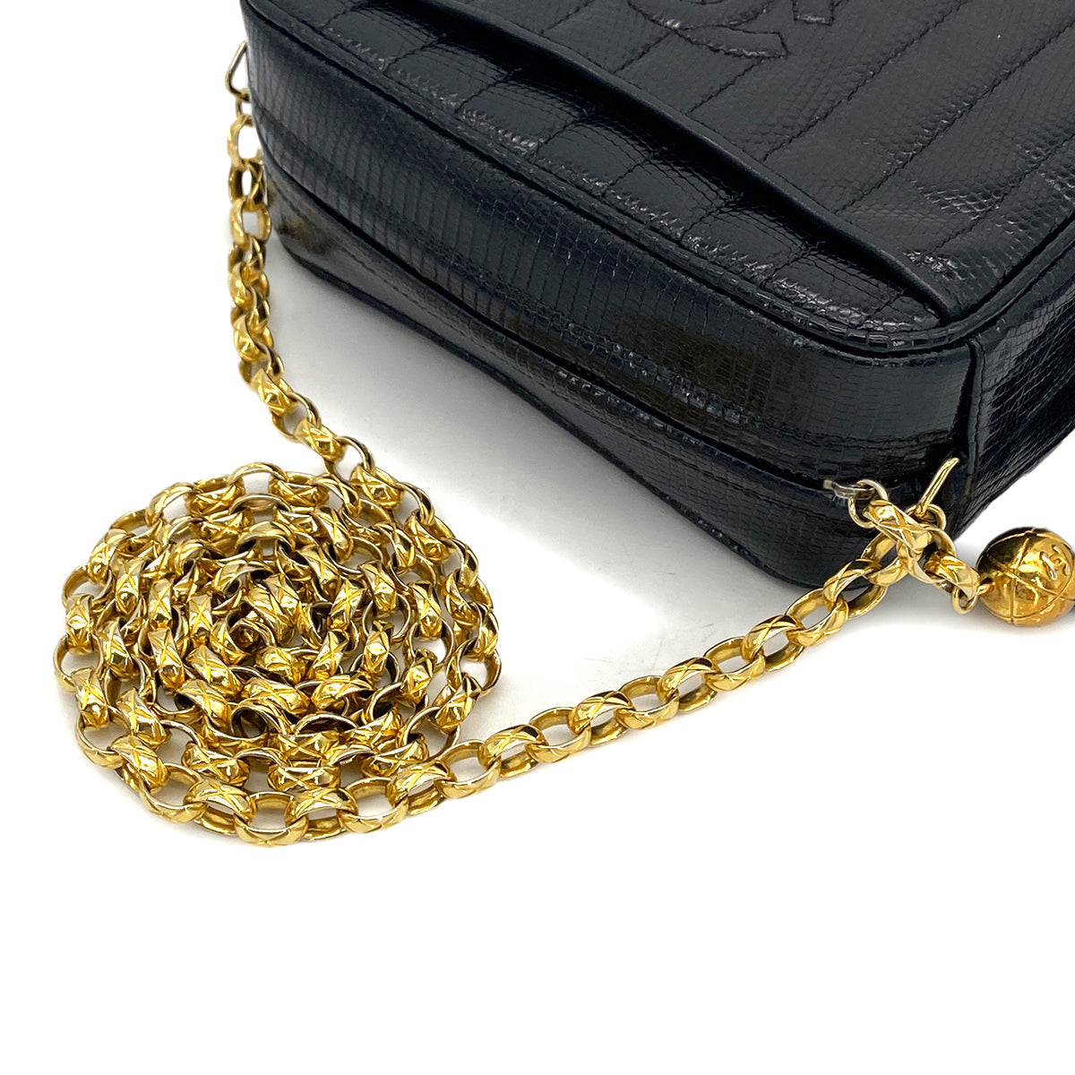 VINTAGE CHANEL COCOMARK FRINGE BIJOU CHAIN SHUOLDER BAG BLACK LIZARD GOLD HARDWARE 90324831