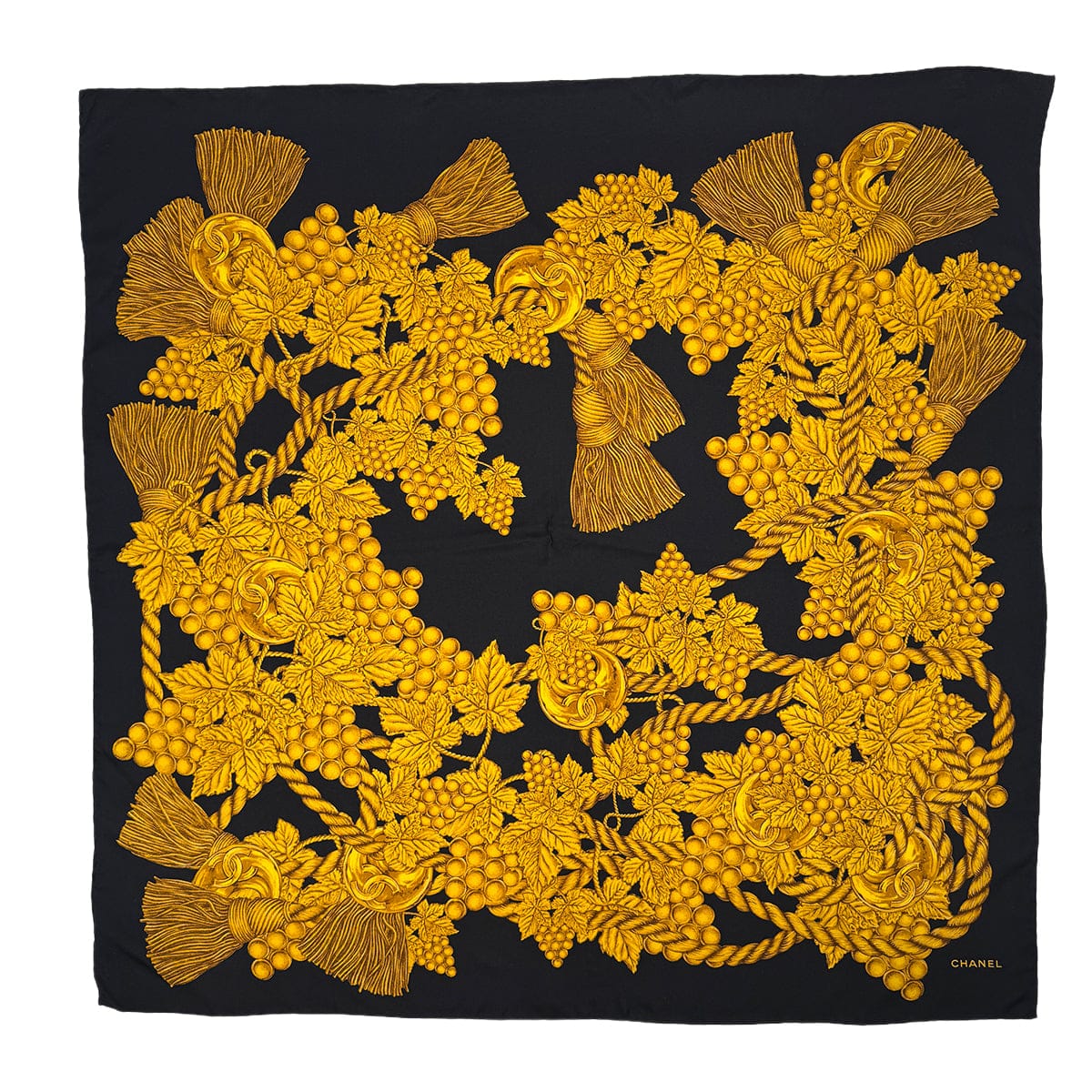 VINTAGE CHANEL COCOMARK GRAPES ROPE PATTERN SCARF BLACK GOLD SILK 90324629