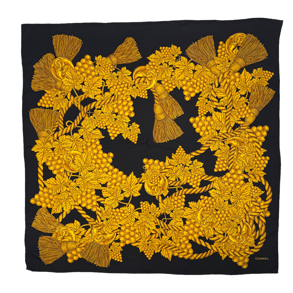 VINTAGE CHANEL COCOMARK GRAPES ROPE PATTERN SCARF BLACK GOLD SILK 90324629