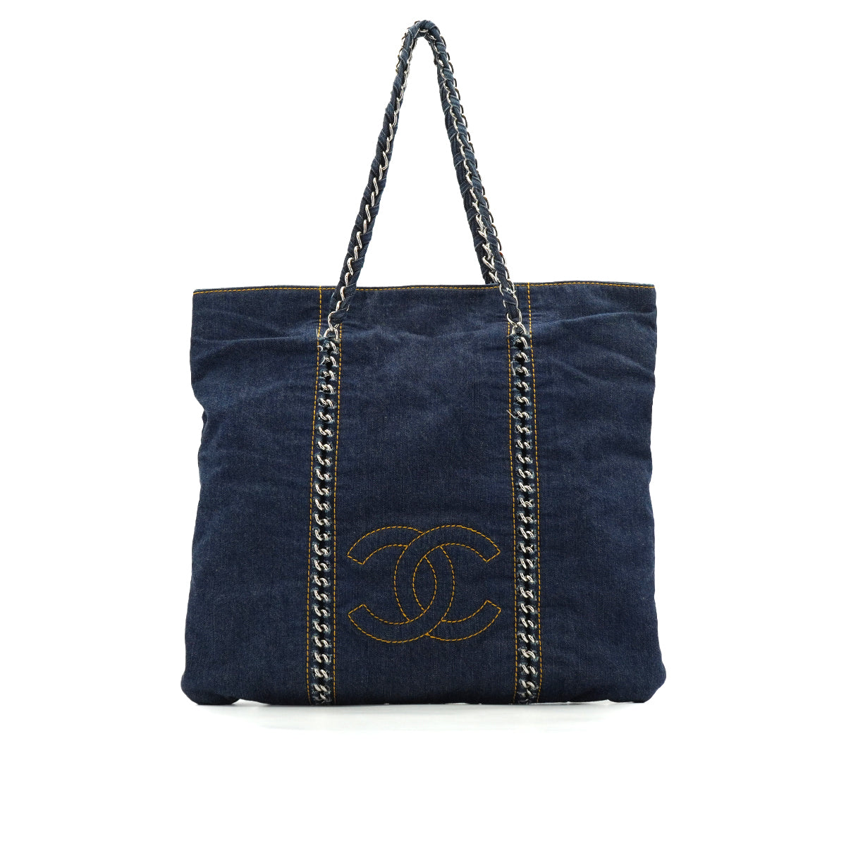 VINTAGE CHANEL COCOMARK MATELASSE CHAIN TOTE BAG BLUE DENIM SILVER HARDWARE 90340171