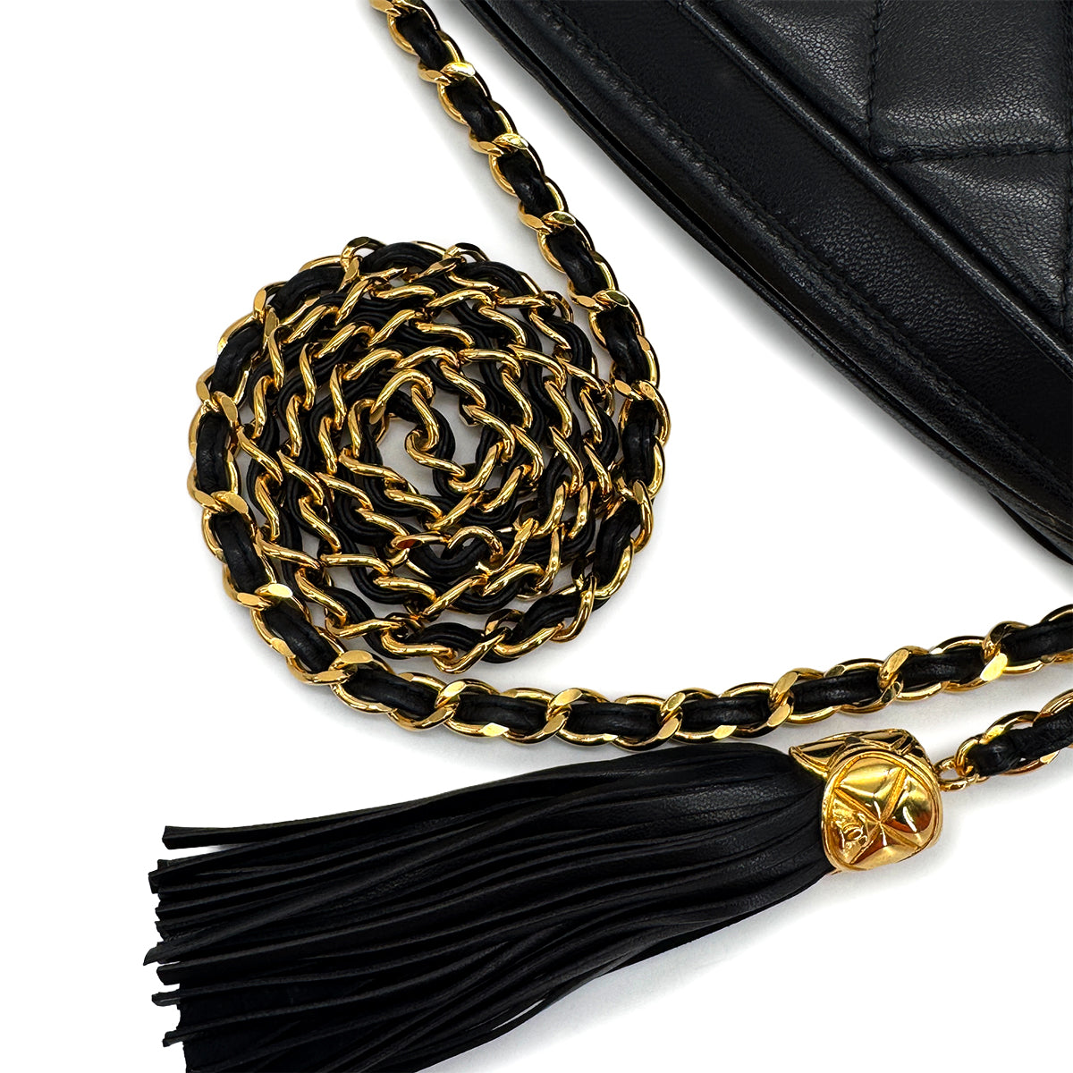 VINTAGE CHANEL COCOMARK MATELASSE FRINGE CHAIN SHOULDER BAG BLACK LAMB SKIN GOLD HARDWARE 90320188