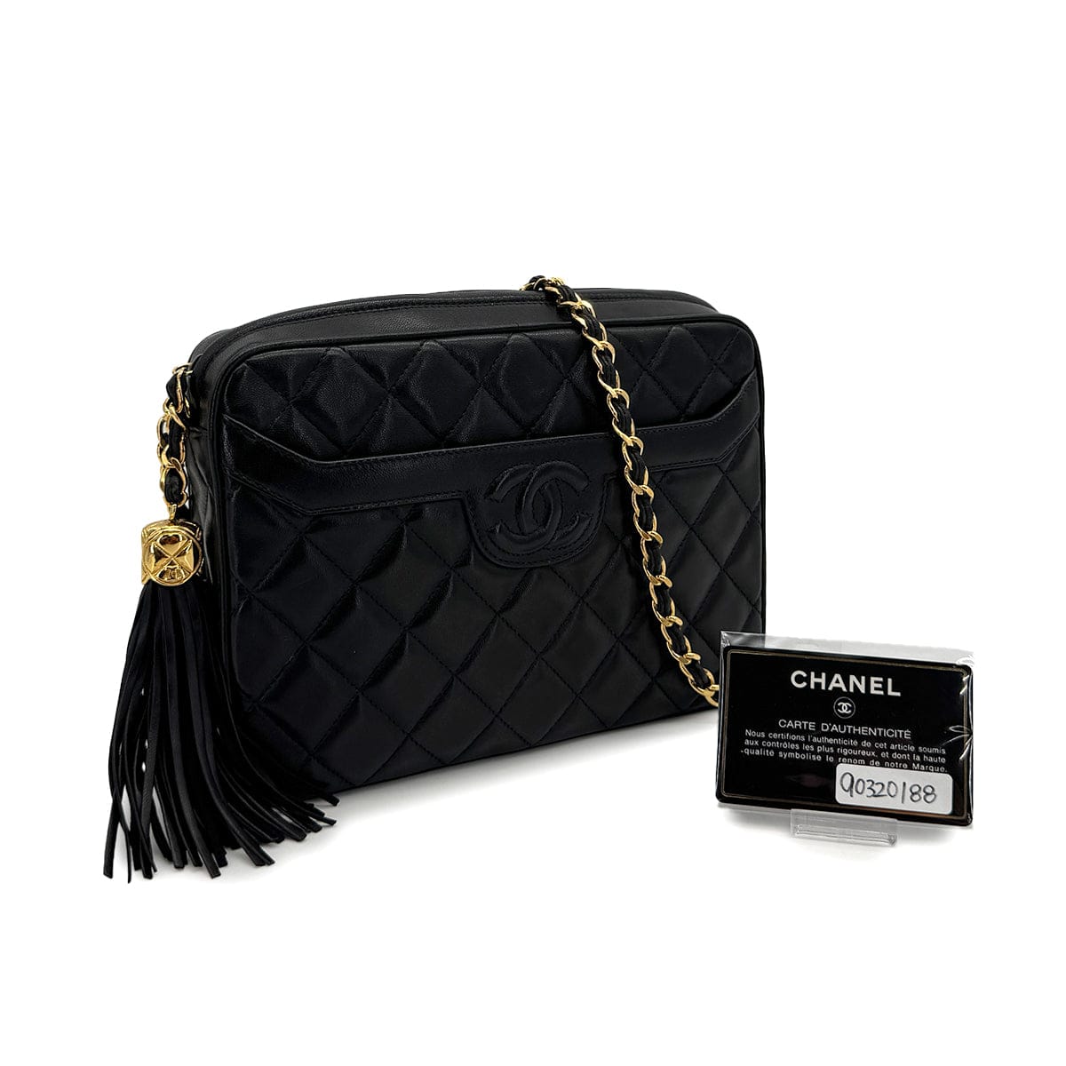 VINTAGE CHANEL COCOMARK MATELASSE FRINGE SHAIN SHOULDER BAG BLAK LAMB SKIN GOLD HARDWARE 90320188