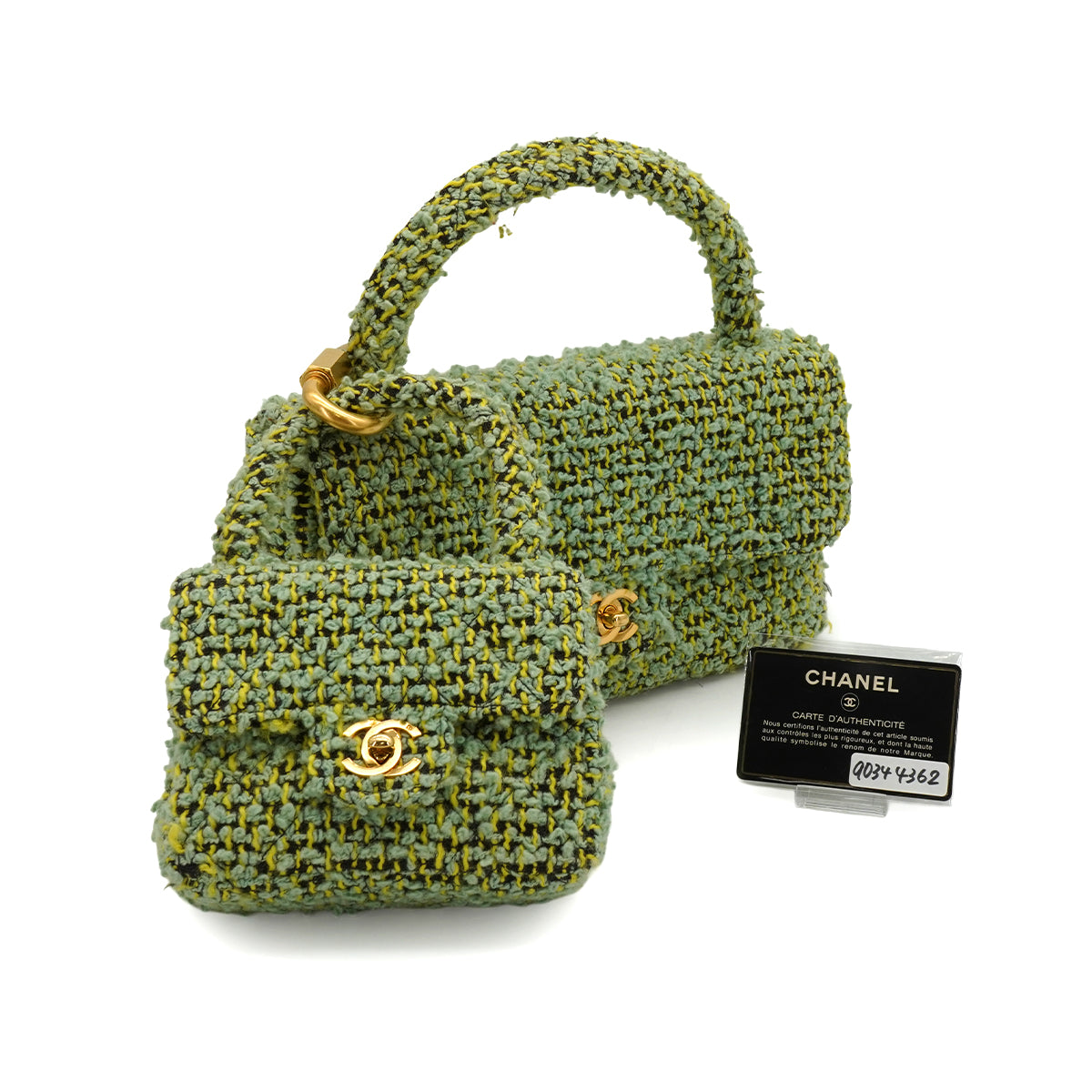 VINTAGE  CHANEL COCOMARK PARENT-CHILD HAND BAG GREEN TWEED GOLD HARDWARE 90344362