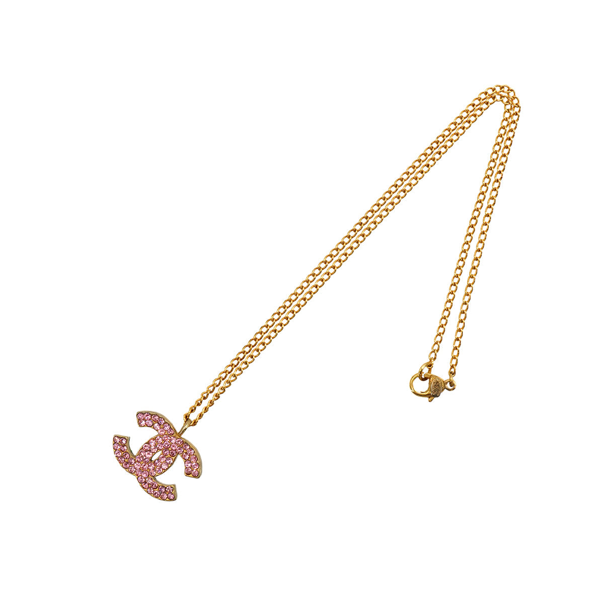 VINTAGE CHANEL COCOMARK PINK RHINESTONE NECKLACE GOLD ACCESSORY 00A 90345094