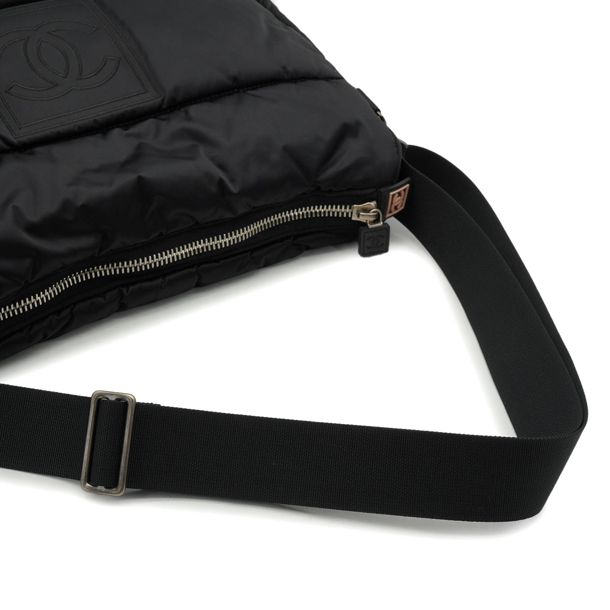 VINTAGE CHANEL SPORTS LINE COCOMARK SHOULDER BAG BLACK NYLON SILVER HARDWARE 90341888