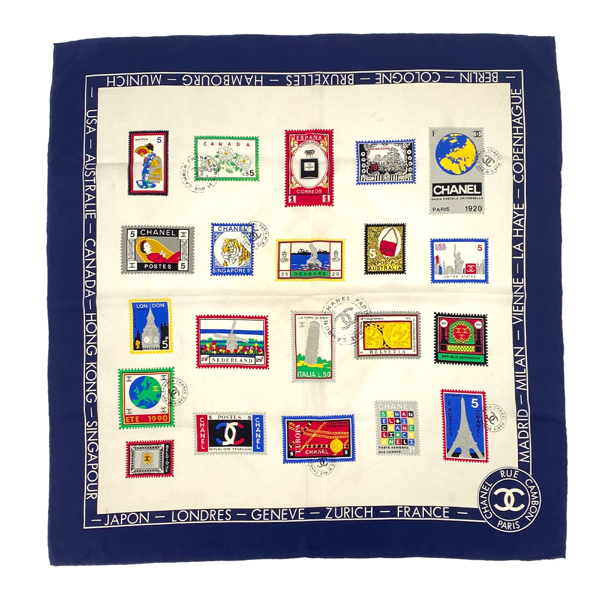 VINTAGE CHANEL COCOMARK STAMP PATTERN SCARF WHITE NAVY SILK 90319613