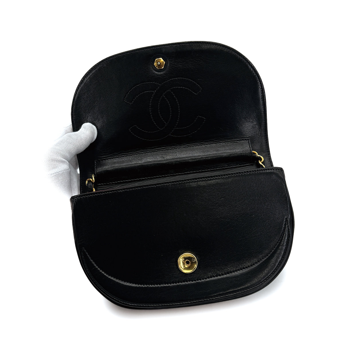 VINTAGE CHANEL COCOMARK WAVE STITCH CHAIN SHOULDER BAG BLACK LAMB SKIN GOLD HARDWARE 90315870