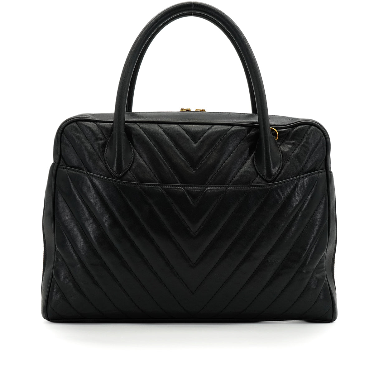 VINTAGE CHANEL COCO BALL CHEVRON V STITCH SHOULDER HAND BAG BLACK LAMB SKIN GOLD HARDWARE 90346876