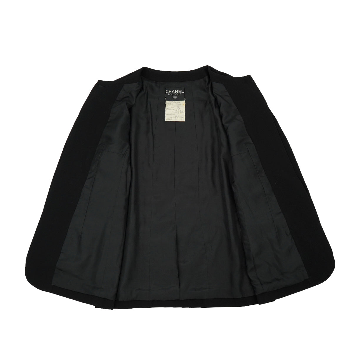 VINTAGE CHANEL COCO BUTTON NO COLLAR JACKET BLACK WOOL 42 RTW 90332936
