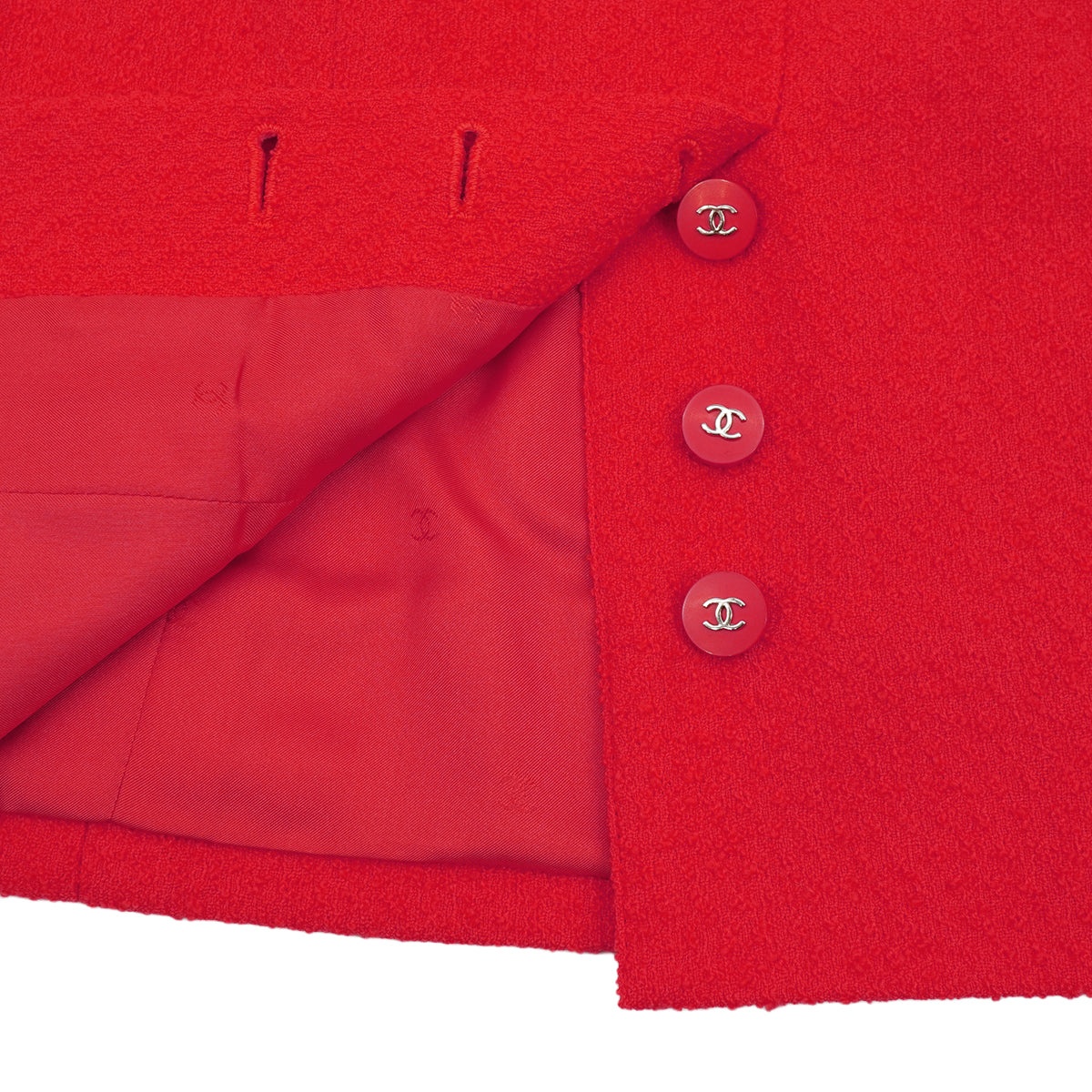 VINTAGE CHANEL COCO BUTTON TWEED JACKET SKIRT SET RED WOOL 38 96P RTW 90332947