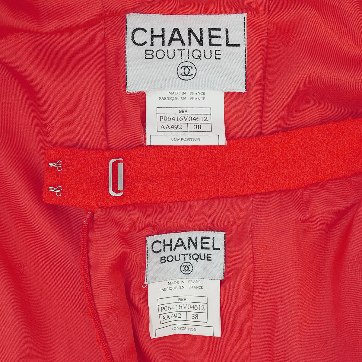 VINTAGE CHANEL COCO BUTTON TWEED JACKET SKIRT SET RED WOOL 38 96P RTW 90332947