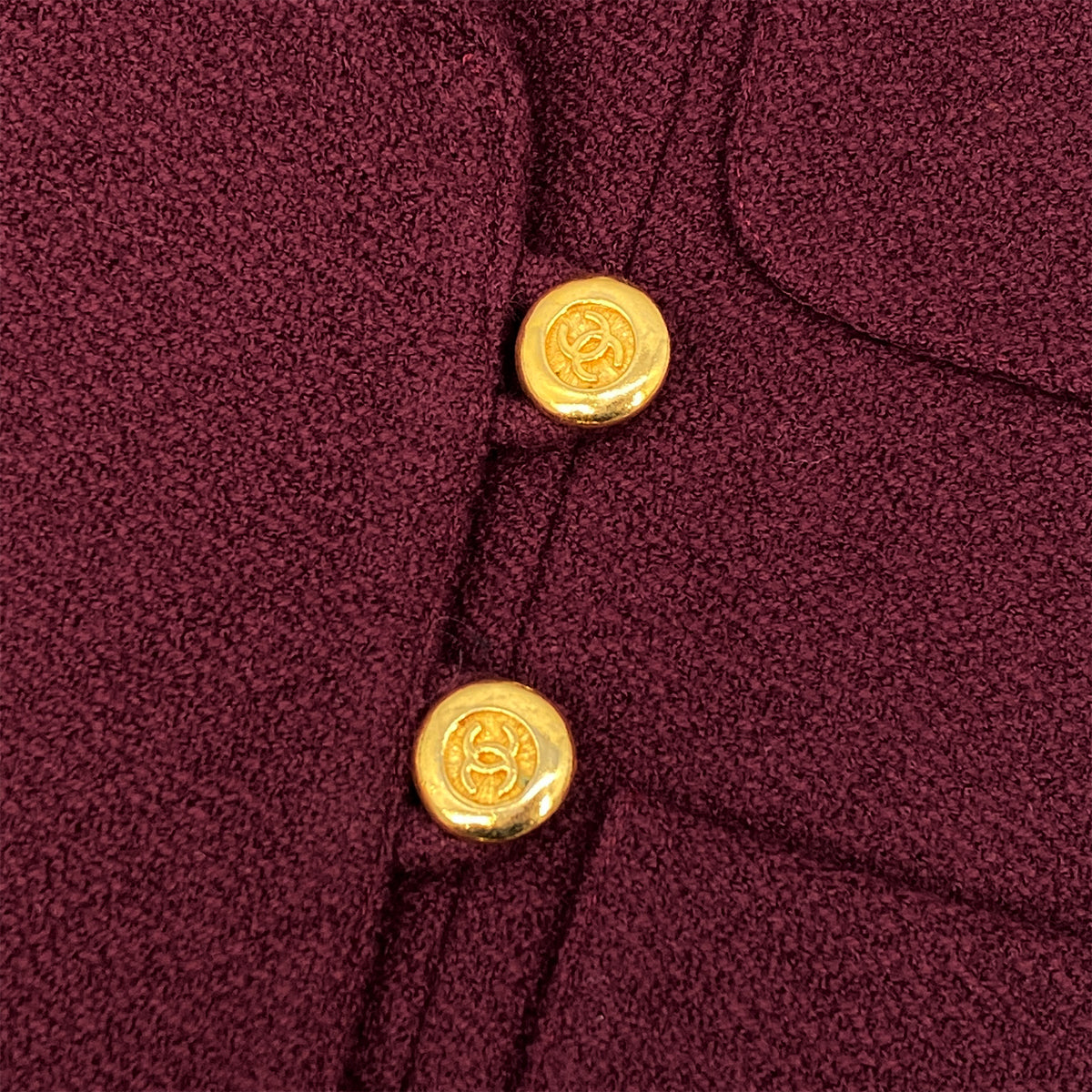 VINTAGE CHANEL COCO BUTTON TWEED JACKET SKIRT SET BORDEAUX WOOL 38 RTW 90319638