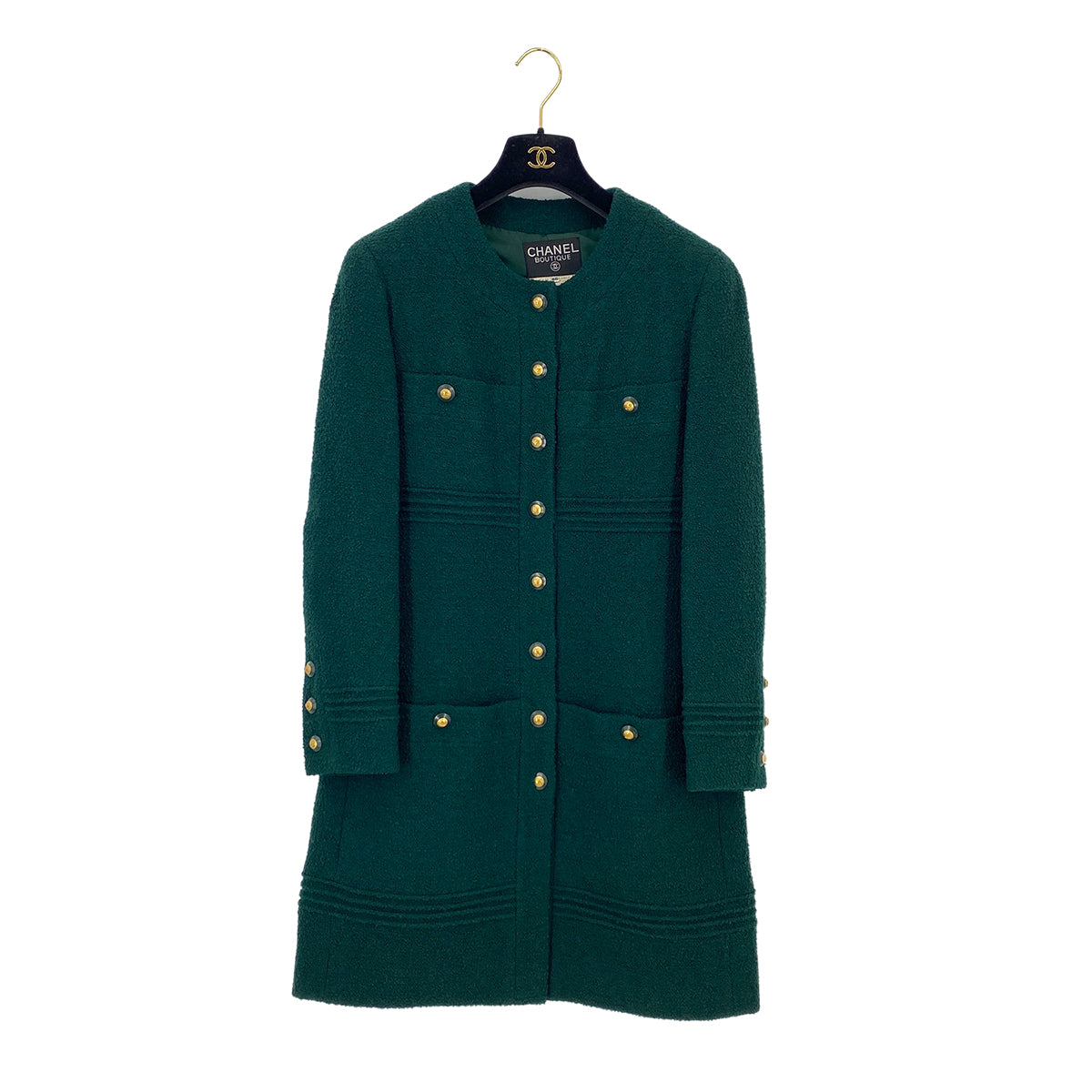 VINTAGE CHANEL COCO BUTTON TWEED LONG COAT DARK GREEN WOOL 40 93A RTW 90319626