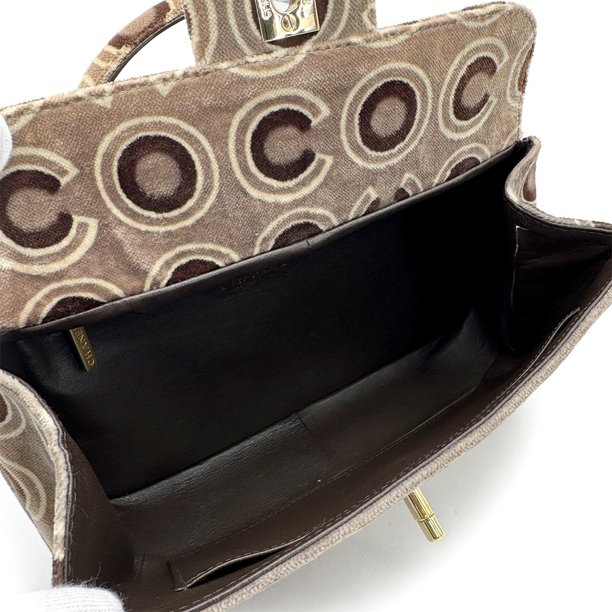 VINTAGE CHANEL COCO PATTERN HAND BAG BROWN VELOUR GOLD HARDWARE 90315884