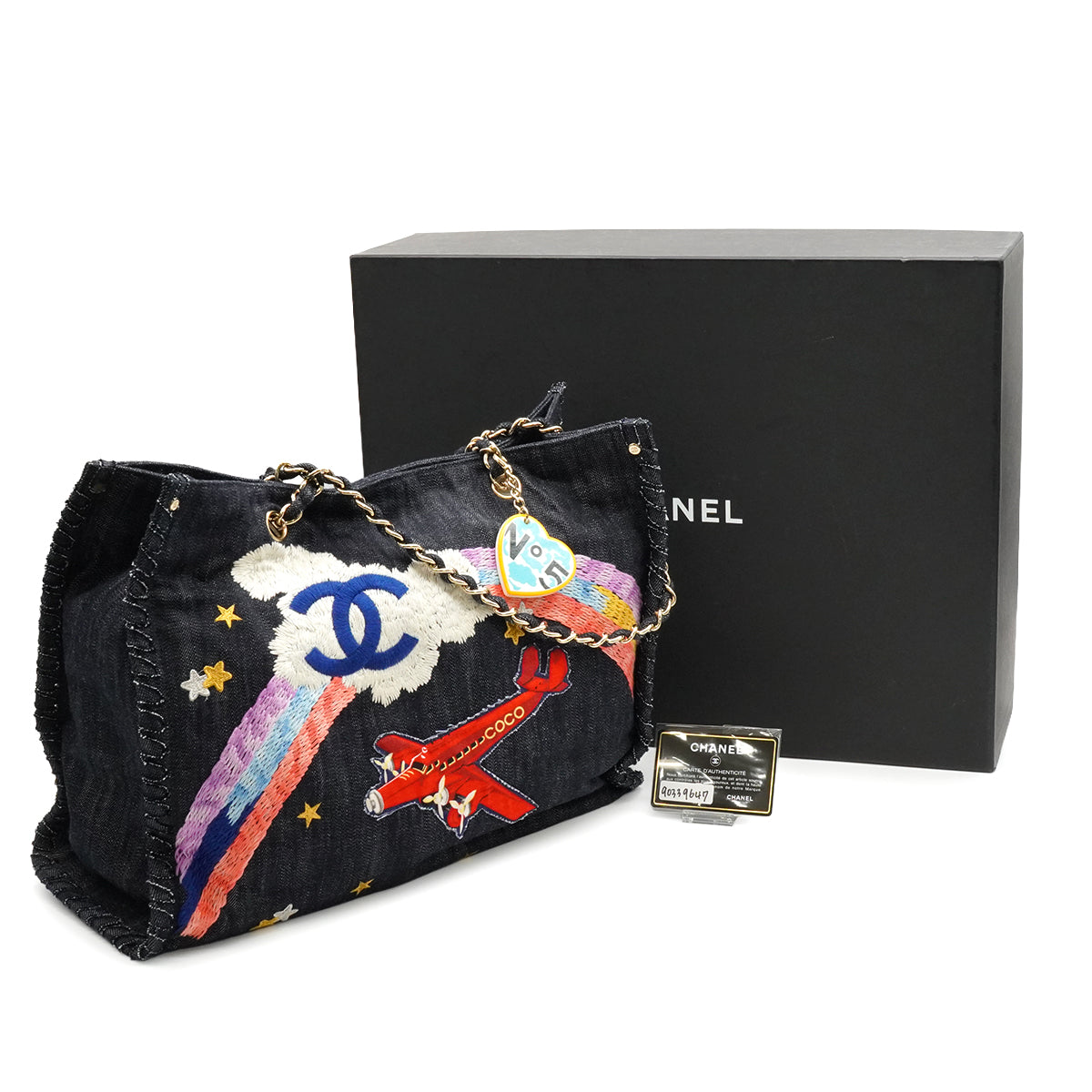 VINTAGE CHANEL COCO NIGHT FIGHT CHAIN TOTE BAG BLUE DENIM GOLD HARDWARE 90339647