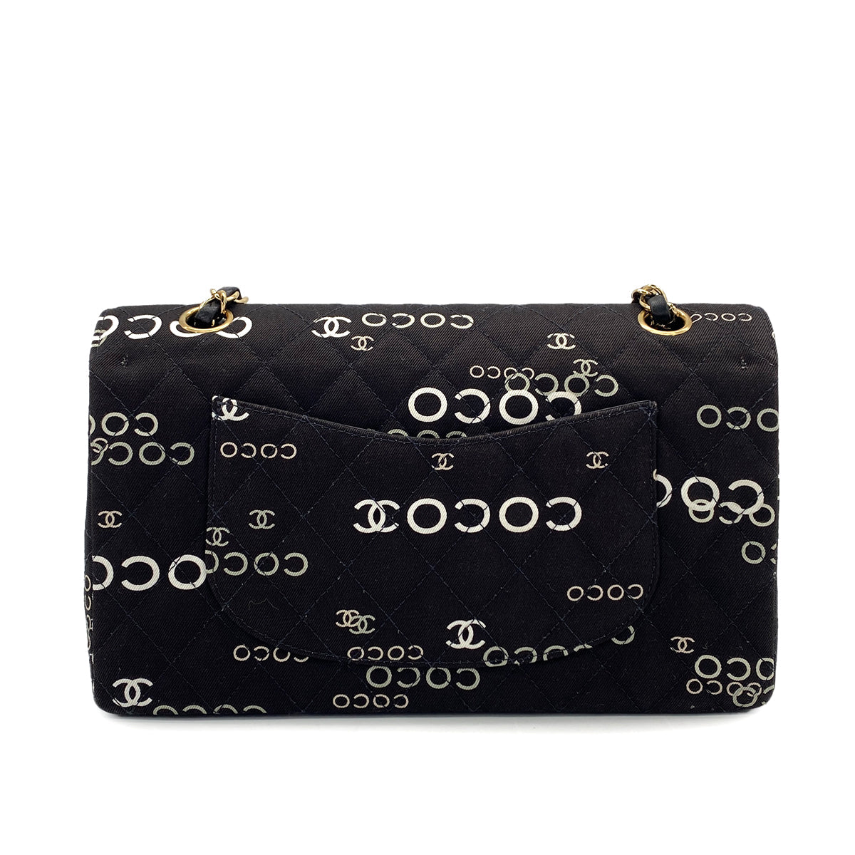 VINTAGE CHANEL COCO PRINT CHAIN SHOULDER BAG BLACK CANVAS GOLD HARDWARE 90324628