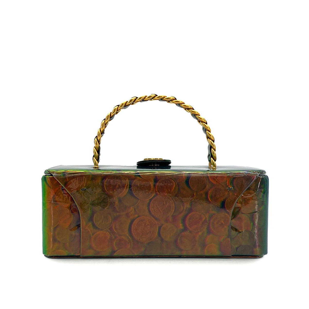 VINTAGE CHANEL COIN PATTERN HAND BAG GREEN ENAMEL GOLD HARDWARE 90318634