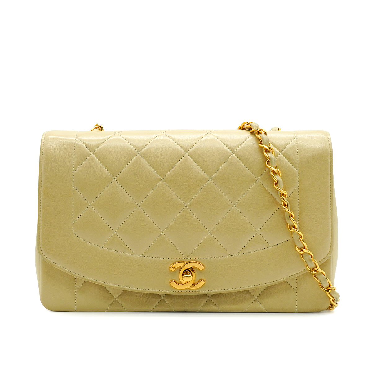 VINTAGE CHANEL DIANA MEDIUM CHAIN SHOULDER BAG BEIGE LAMB SKIN GOLD HARDWARE 90341864